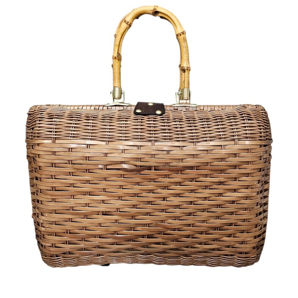 DORETTE Vintage Handbag Rattan Woven Wicker Natural Leather Bamboo Basket Bag - Picture 11 of 16